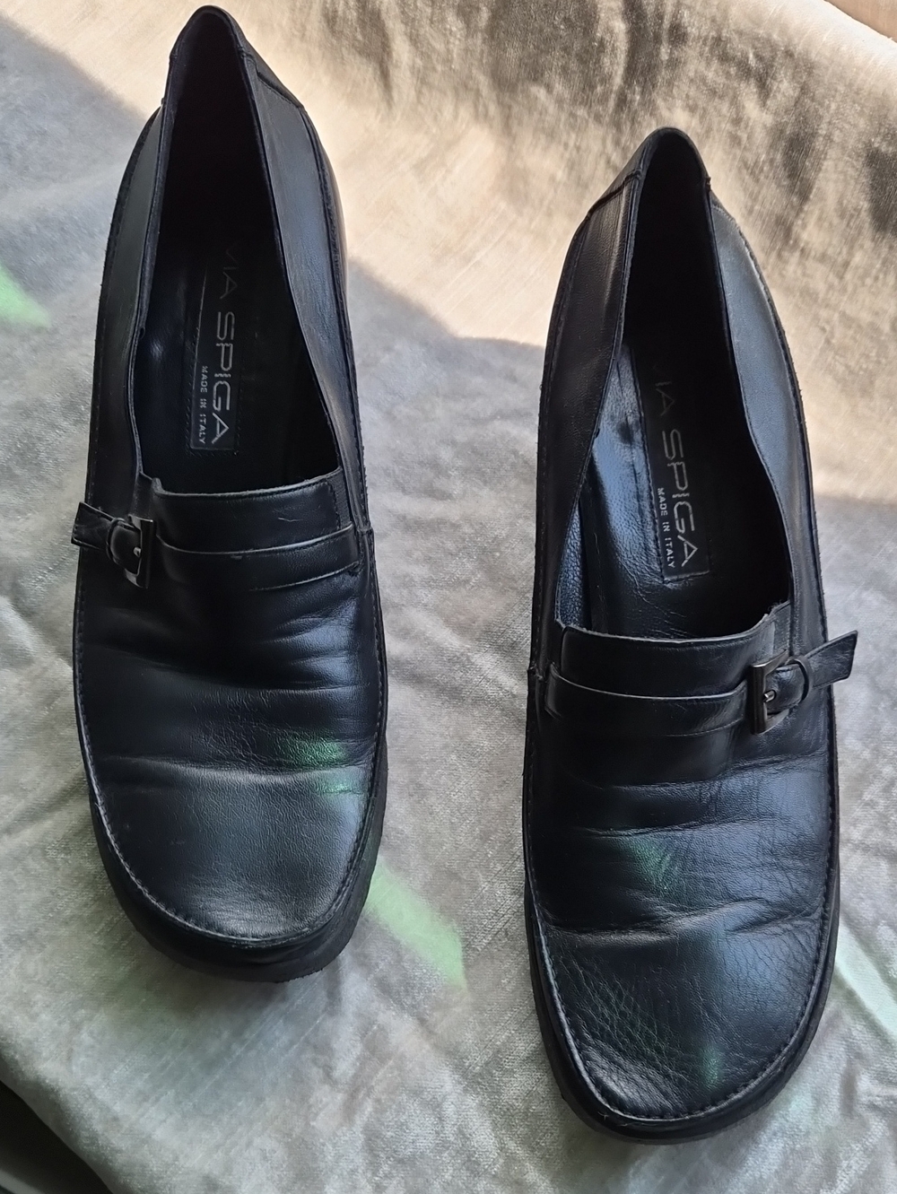Via Spiga Black Leather Wedge Loafers with Buckle Strap